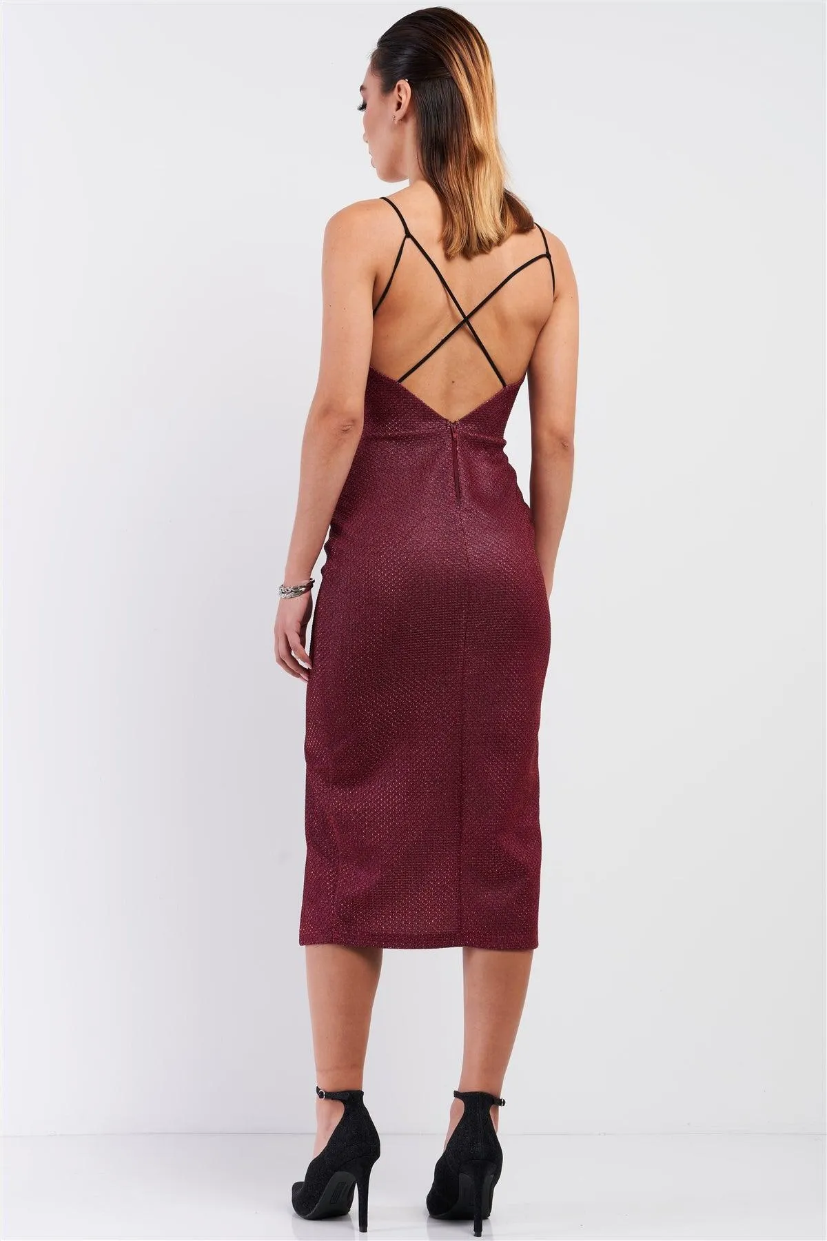 Ruby Red Shimmer Embroidered Sleeveless Deep Plunge Soft V-Neck Tight Fit Front Slit Criss-Cross Back Strap Detail Midi Dress /3-2-1