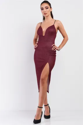 Ruby Red Shimmer Embroidered Sleeveless Deep Plunge Soft V-Neck Tight Fit Front Slit Criss-Cross Back Strap Detail Midi Dress /3-2-1