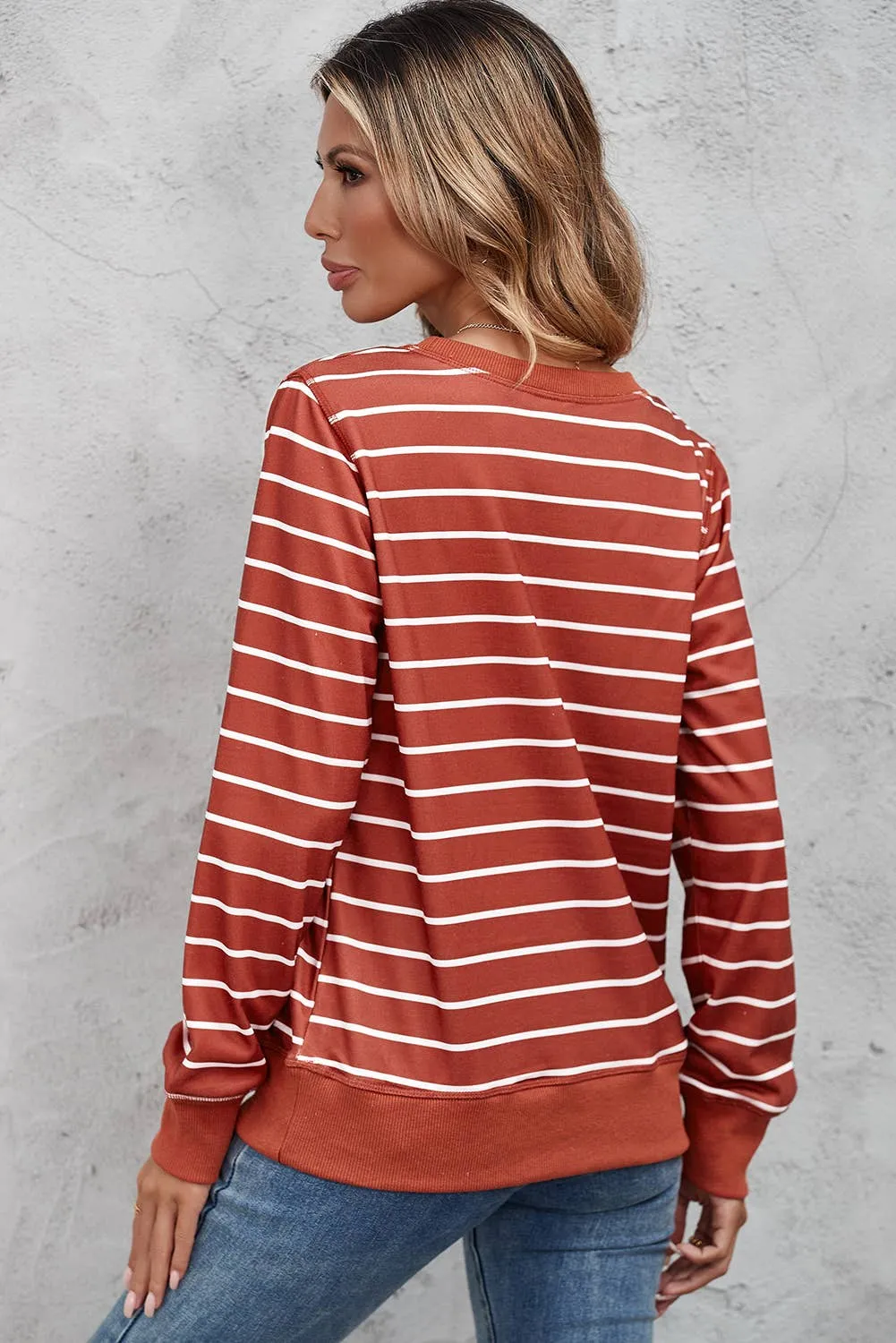 Rust Striped Print Ribbed Trim Top