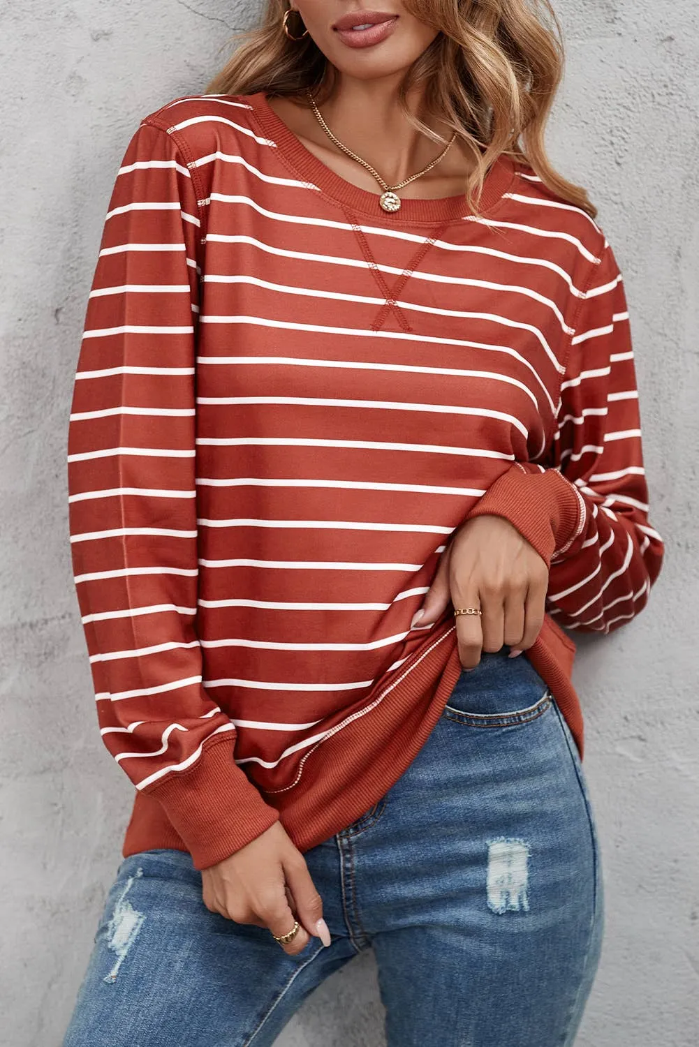 Rust Striped Print Ribbed Trim Top