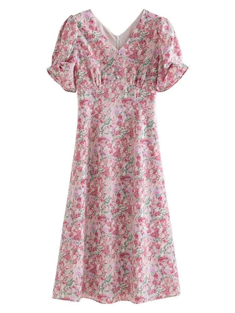 Sadie French Floral Artistic Sense Dress V-neck Elegant Retro Dress, Beach Dress