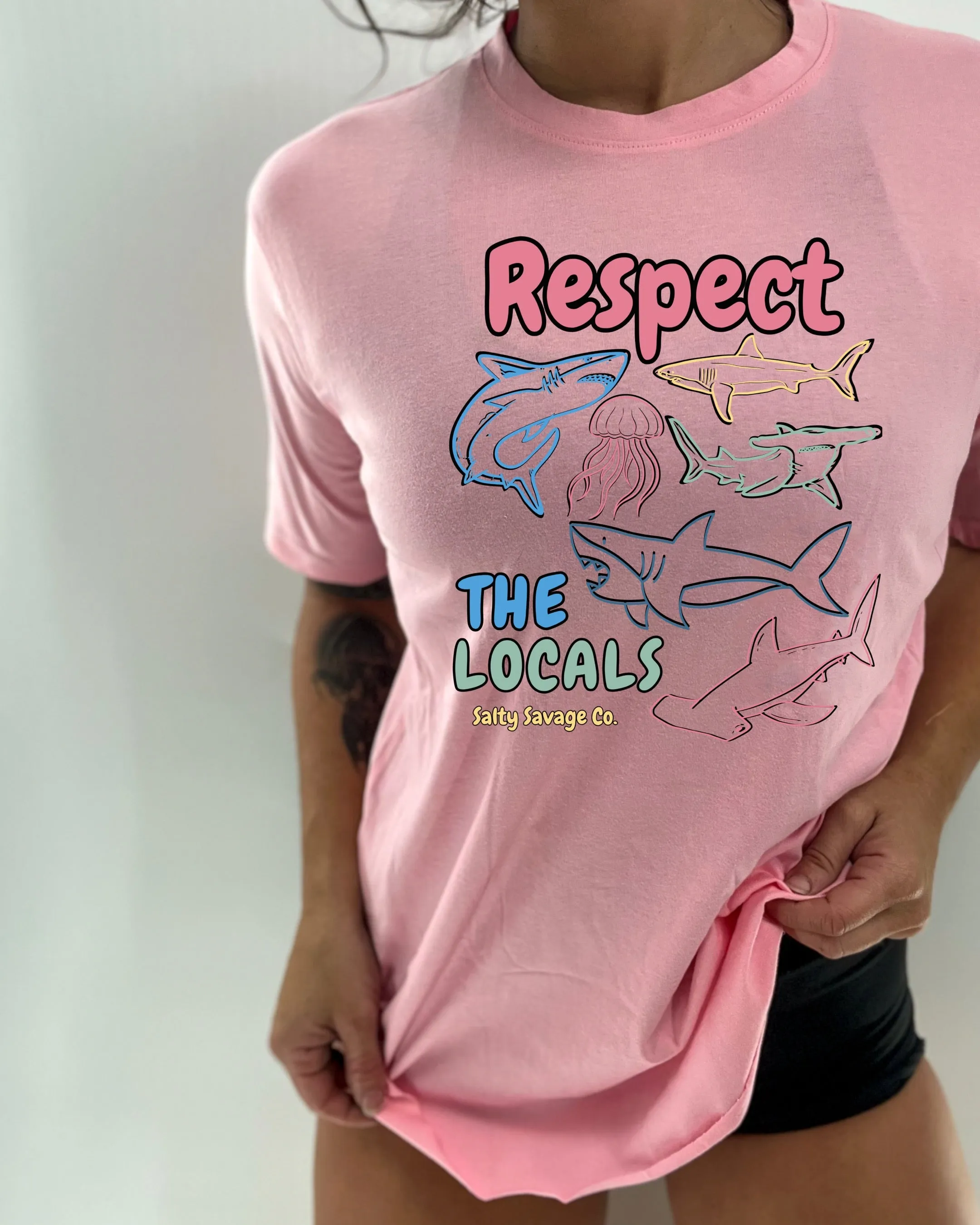 Salty Savage Ladies “RESPECT THE LOCALS SHARK” Oversized Boyfriend Tee