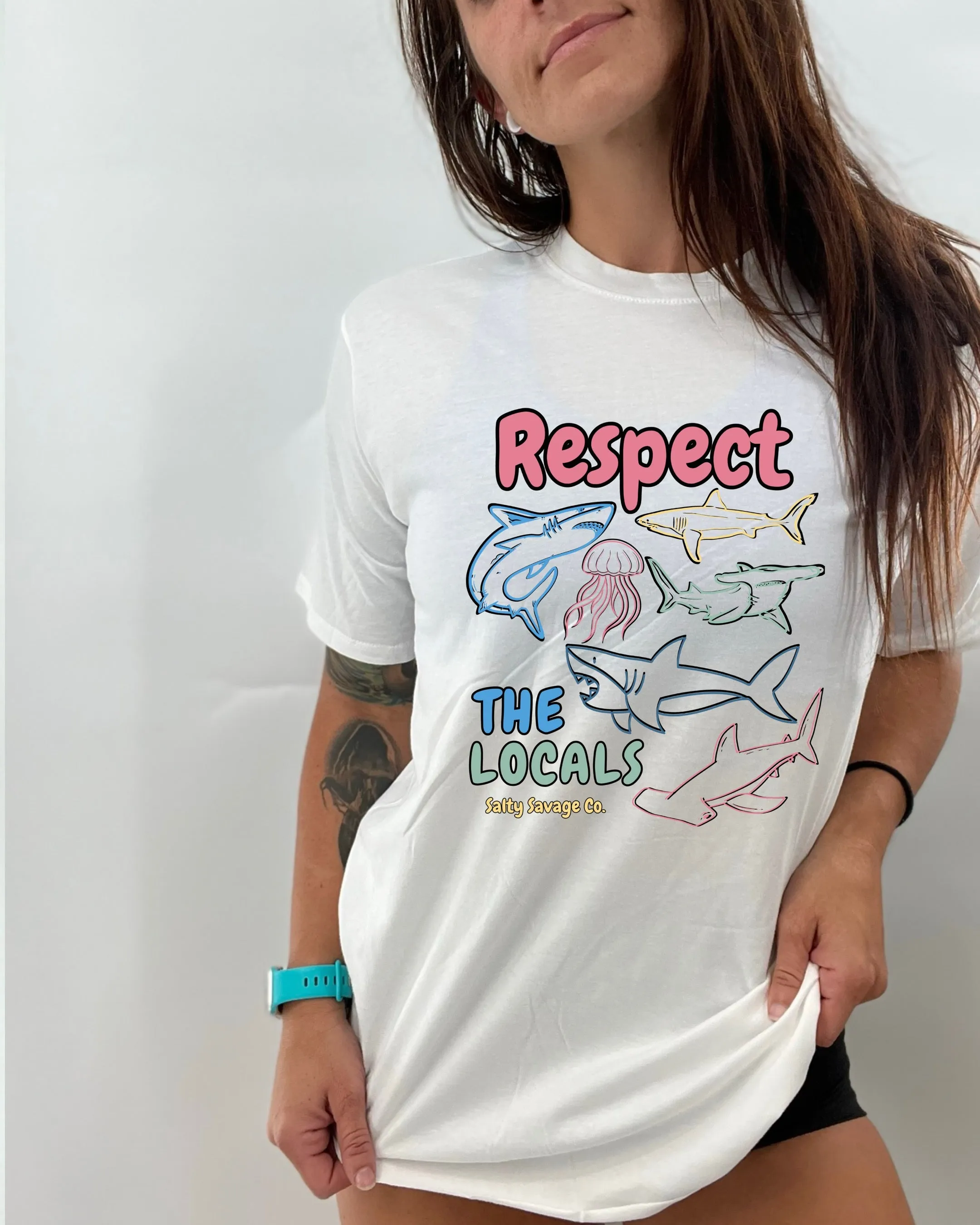 Salty Savage Ladies “RESPECT THE LOCALS SHARK” Oversized Boyfriend Tee