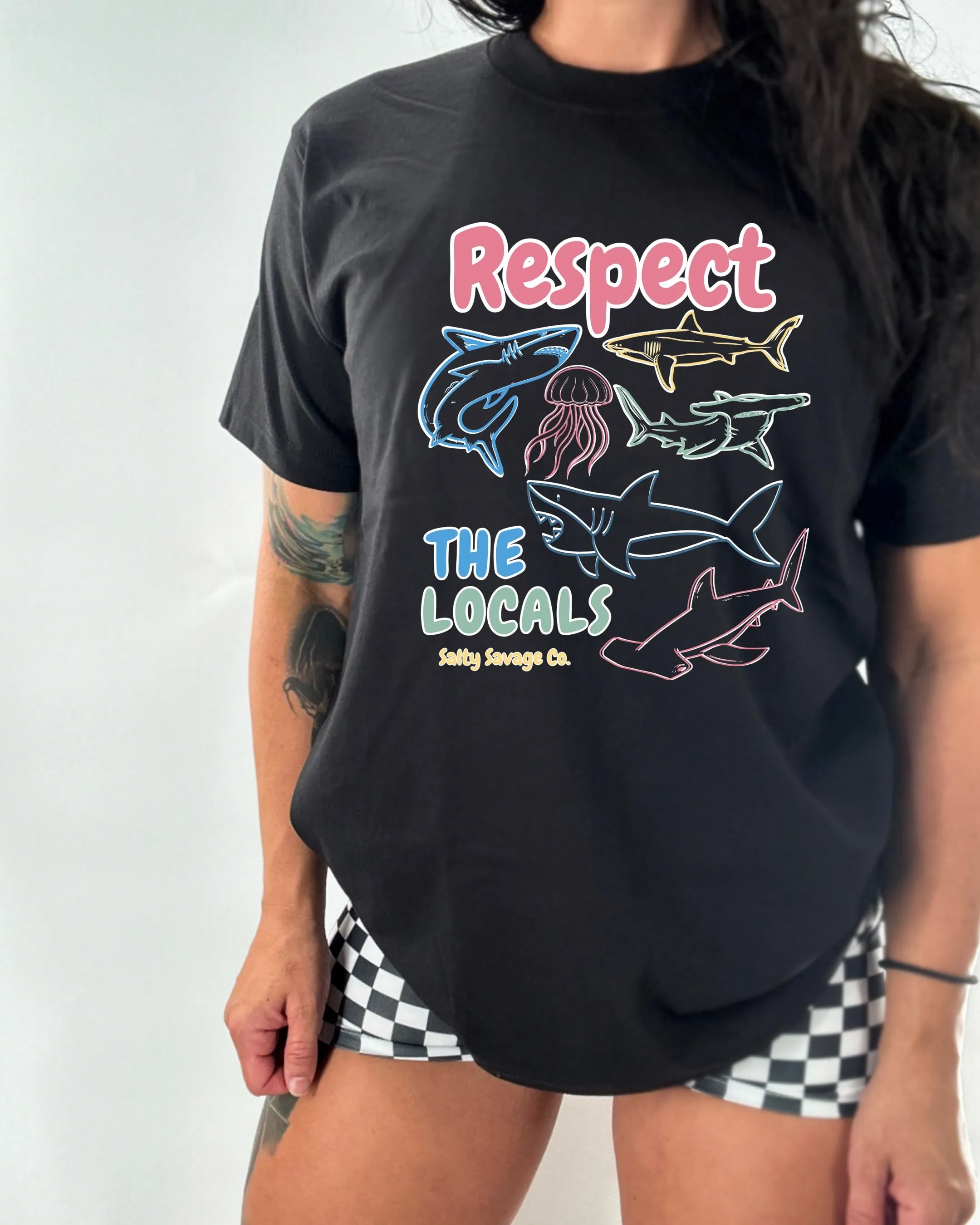 Salty Savage Ladies “RESPECT THE LOCALS SHARK” Oversized Boyfriend Tee