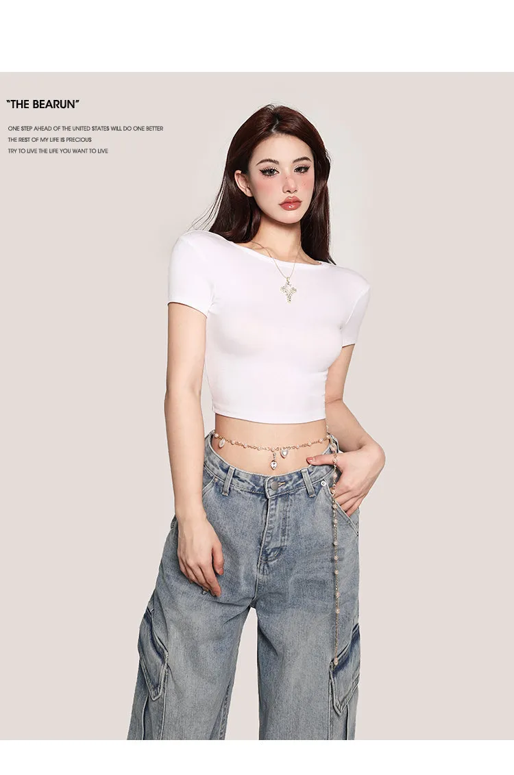 Selene Solid Color Slim Short Sleeve Basic Cropped Top