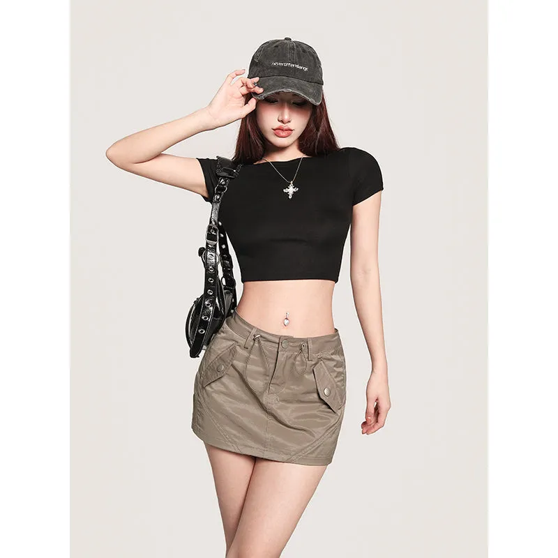 Selene Solid Color Slim Short Sleeve Basic Cropped Top