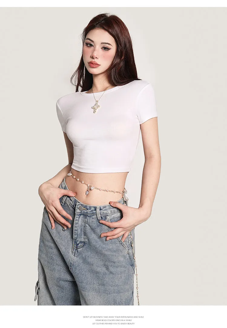 Selene Solid Color Slim Short Sleeve Basic Cropped Top