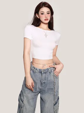 Selene Solid Color Slim Short Sleeve Basic Cropped Top