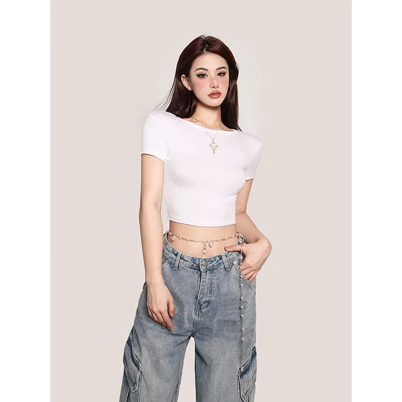 Selene Solid Color Slim Short Sleeve Basic Cropped Top