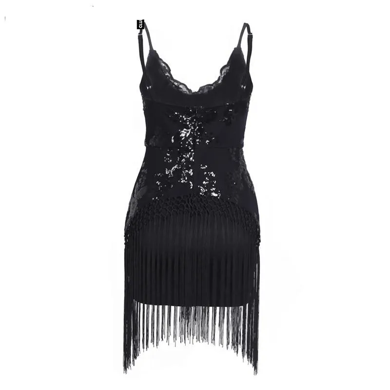 Sequin fringe tassel sexy party dress V neck slim bodycon summer dress