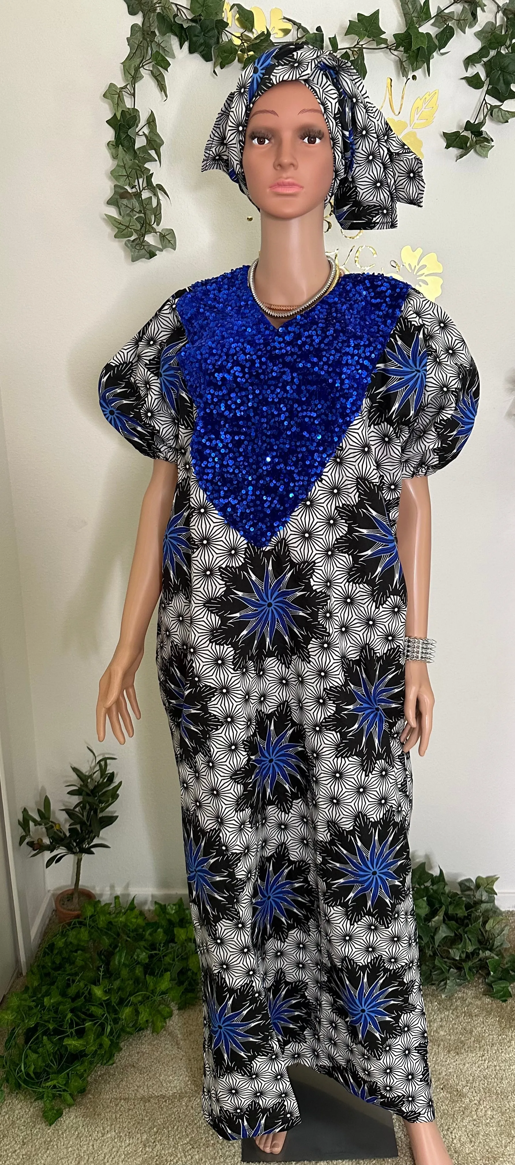 Sequins - Ankara long Kaftan dress with scarf