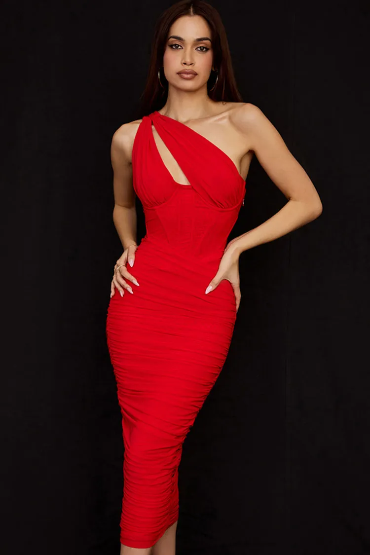 Sexy Cutout One Shoulder Ruched Bodycon Mesh Corset Midi Dress - Red