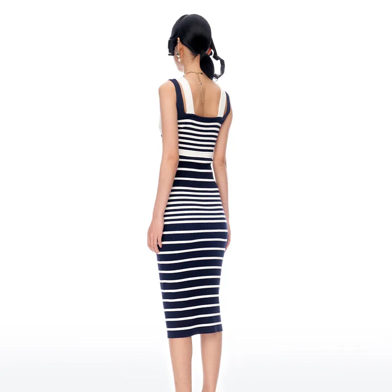 Sexy navy gradient stripe knitted bodycon dress - Afisa