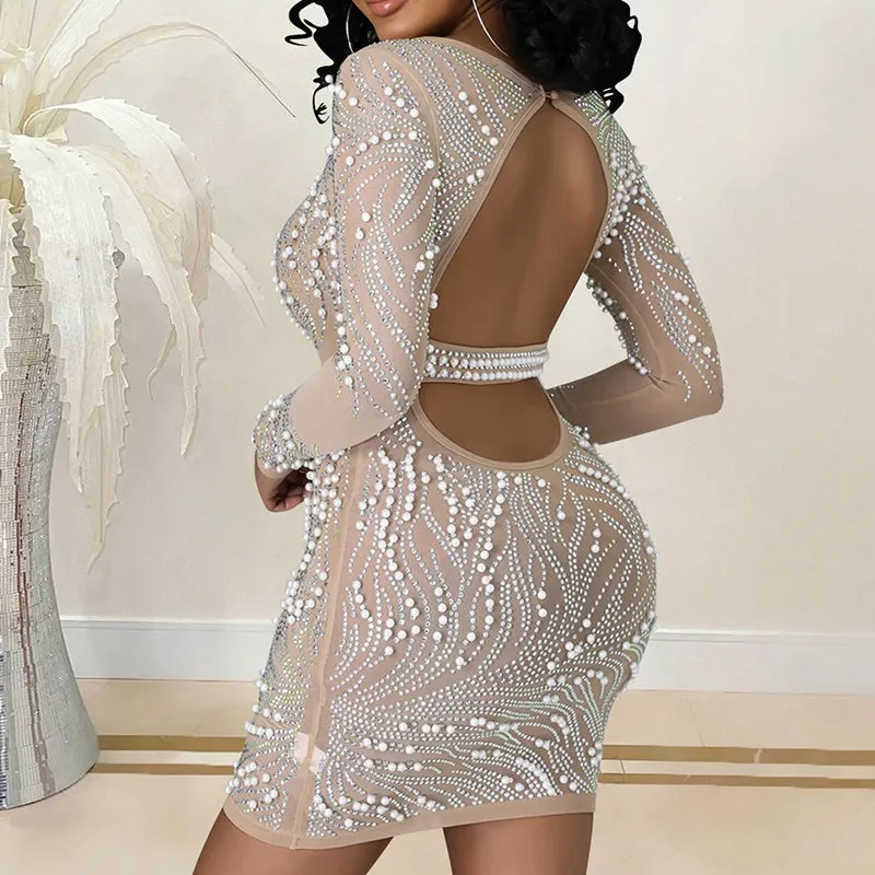 Sexy See Through Mesh Backless Beading Bodycon Party Dress