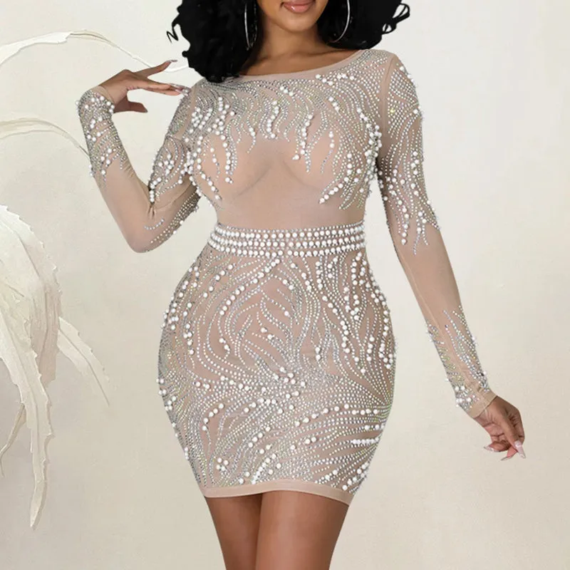 Sexy See Through Mesh Backless Beading Bodycon Party Dress