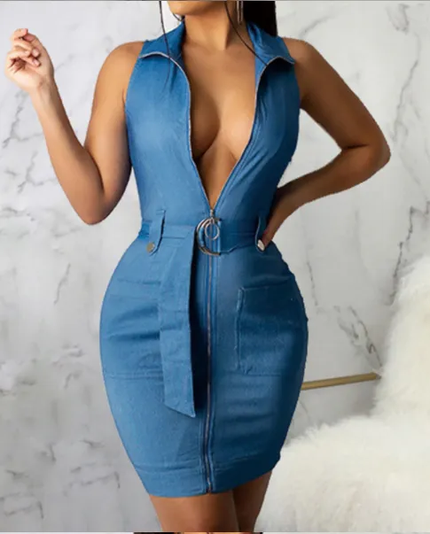 Sexy Sleeveless Zipper Front Mini Bodycon Dress