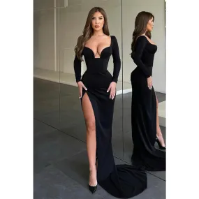 Sexy V-neck Side Slit Long Sleeves Formal Evening Gowns