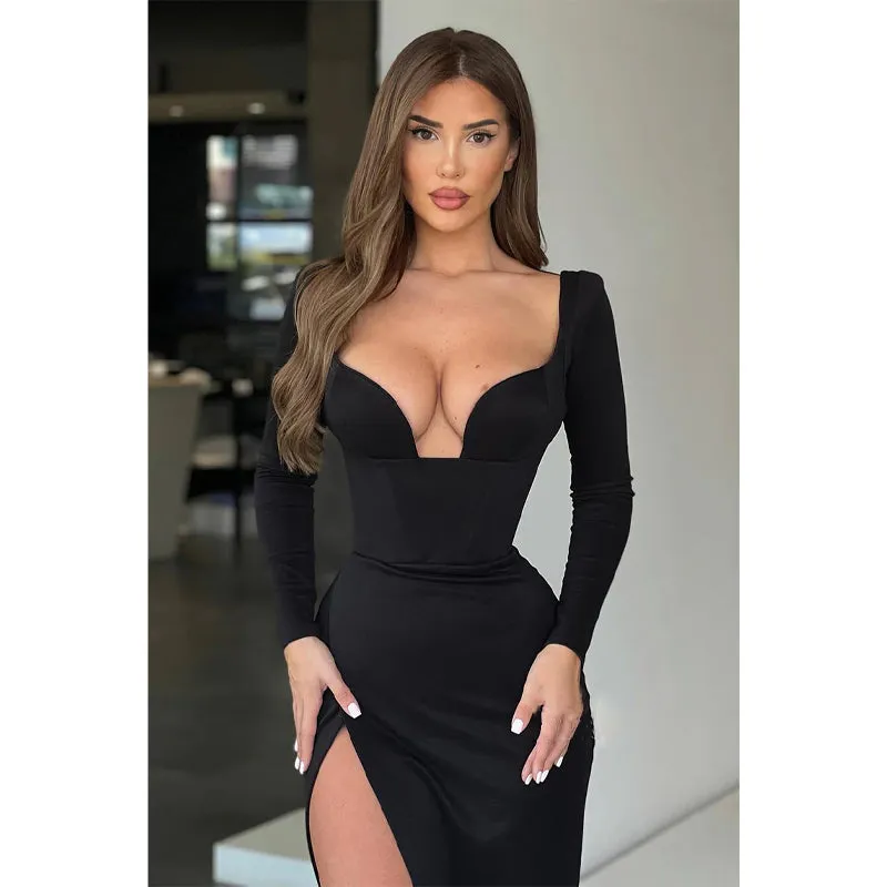 Sexy V-neck Side Slit Long Sleeves Formal Evening Gowns