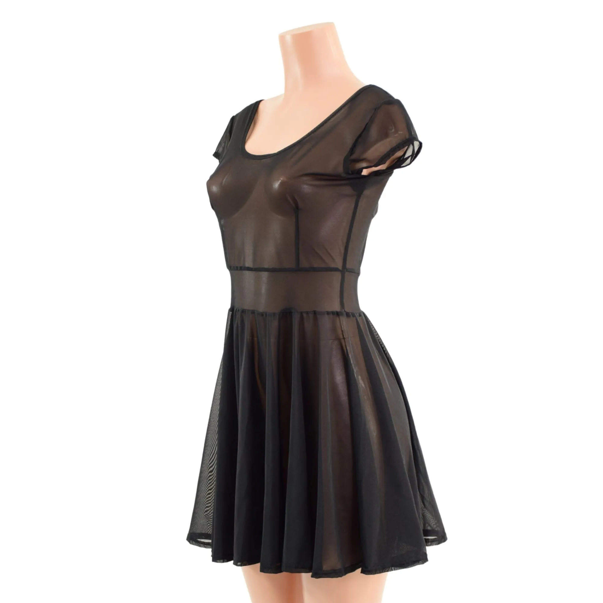 Sheer Black Mesh Cap Sleeve Skater Dress