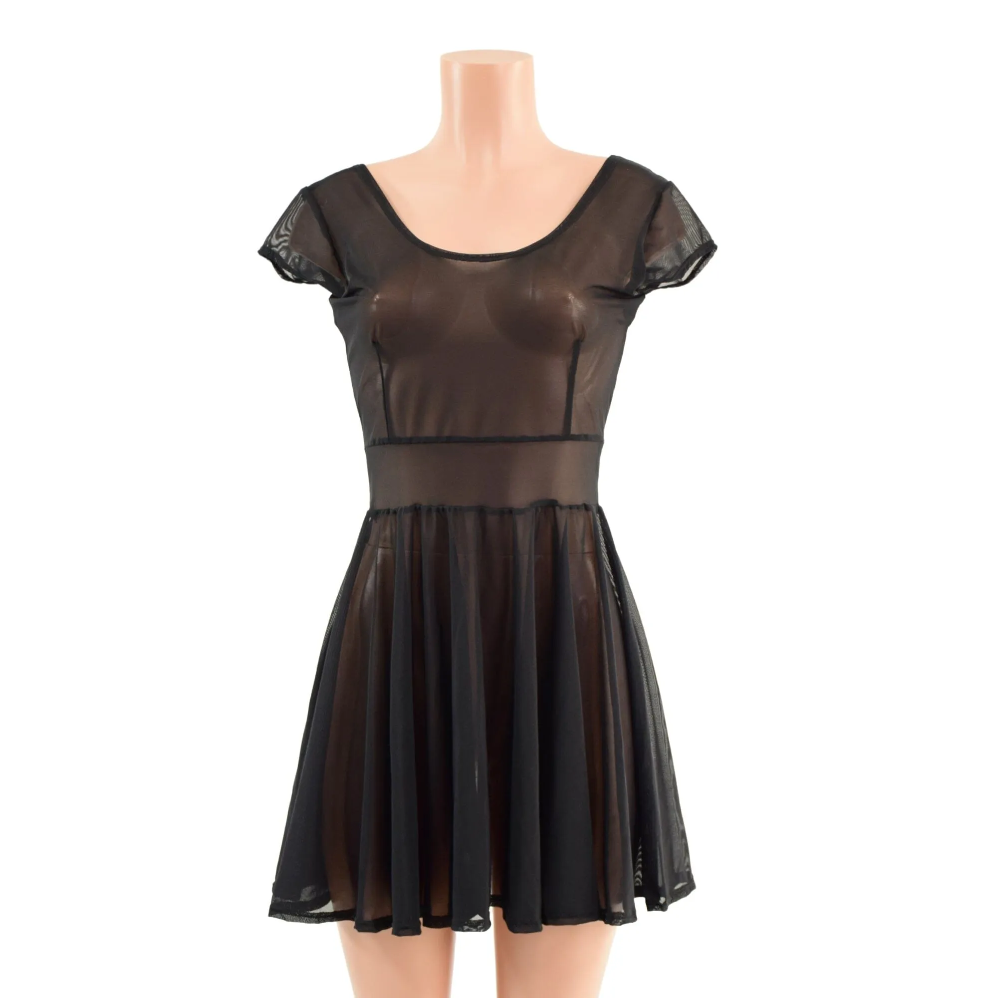 Sheer Black Mesh Cap Sleeve Skater Dress