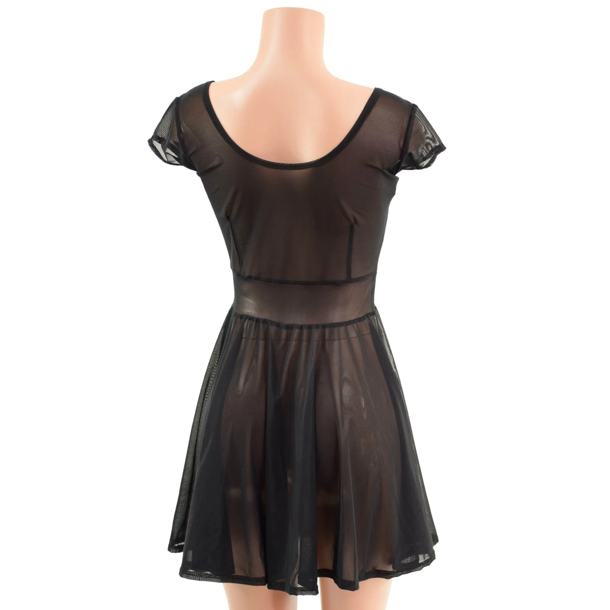 Sheer Black Mesh Cap Sleeve Skater Dress