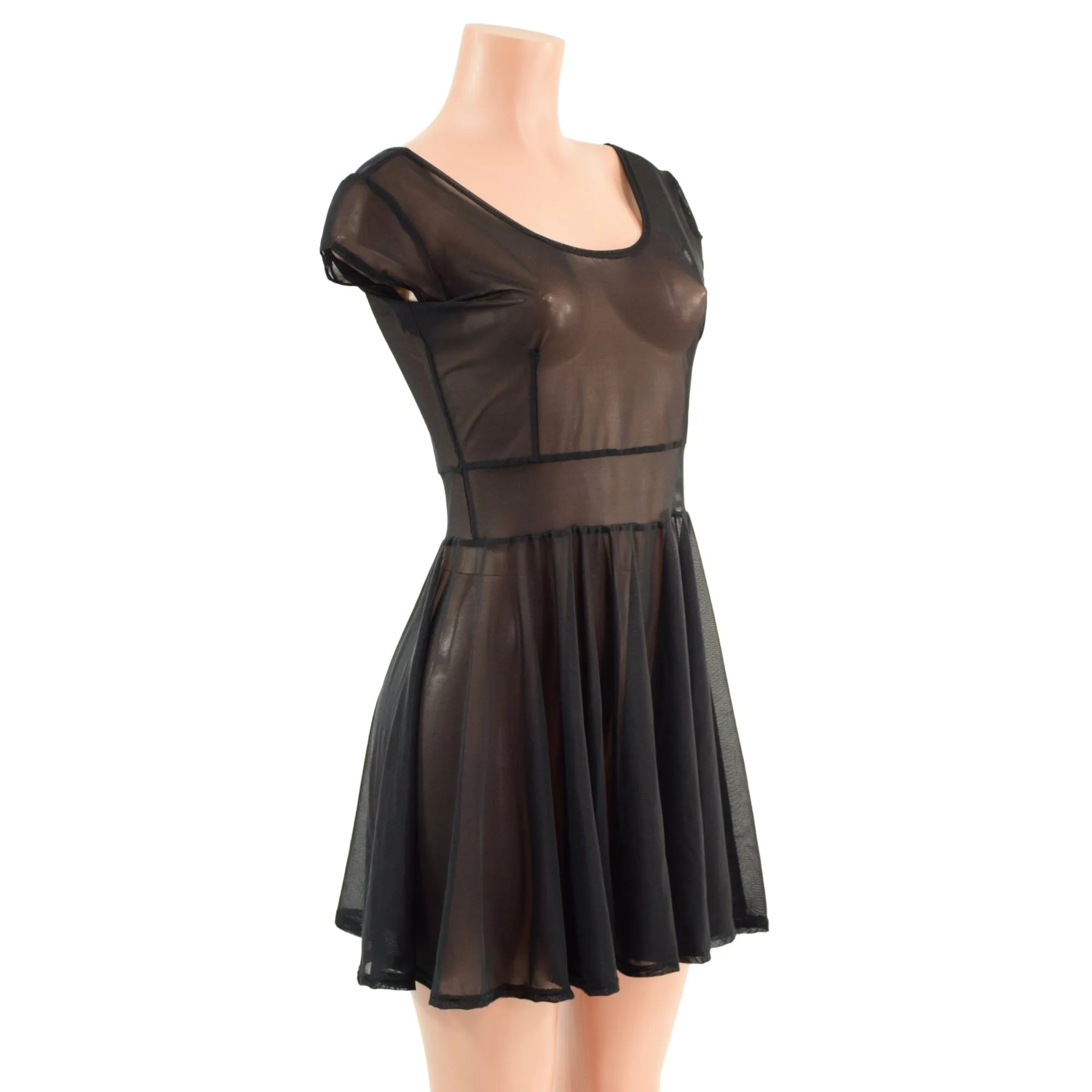 Sheer Black Mesh Cap Sleeve Skater Dress