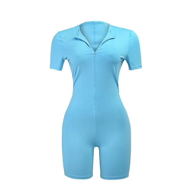 Simenual Fitness Workout Active Wear Rompers Women Zipper Short Sleeve Casual Playsuit Fashion Solid Sporty Skinny Hot Playsuits