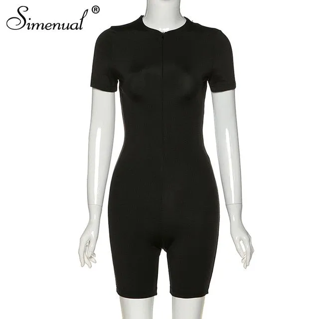 Simenual Fitness Workout Active Wear Rompers Women Zipper Short Sleeve Casual Playsuit Fashion Solid Sporty Skinny Hot Playsuits