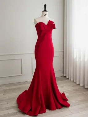 Simple Red Satin Mermaid Long Prom Dress, Red Formal Evening Dress