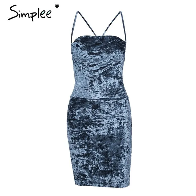 Simplee Strap backless velvet mini dress women Sexy lace up skinny bodycon dress female christmas Slim autumn dress robe vestido