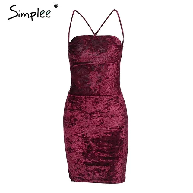 Simplee Strap backless velvet mini dress women Sexy lace up skinny bodycon dress female christmas Slim autumn dress robe vestido