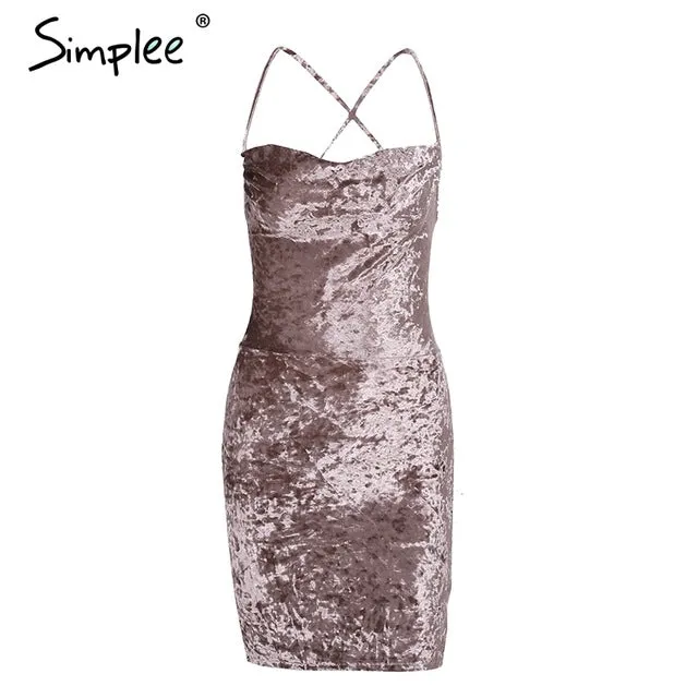 Simplee Strap backless velvet mini dress women Sexy lace up skinny bodycon dress female christmas Slim autumn dress robe vestido