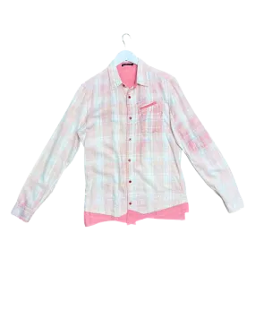 Size L | Marithe   François Girbaud Pink Plaid Splatter Faux Layers Shirt