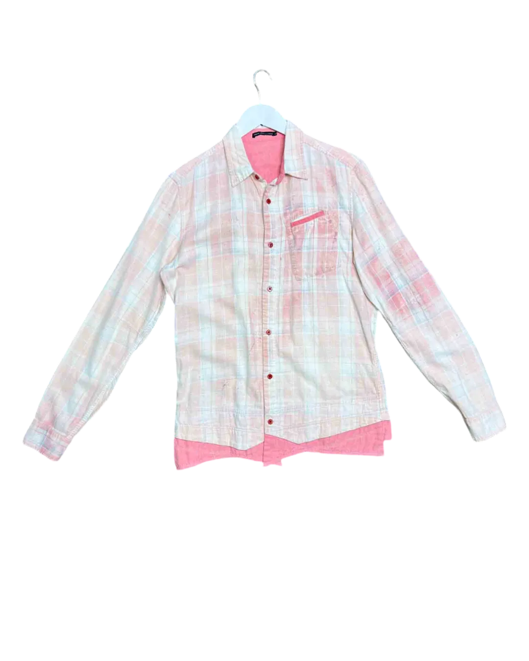 Size L | Marithe   François Girbaud Pink Plaid Splatter Faux Layers Shirt