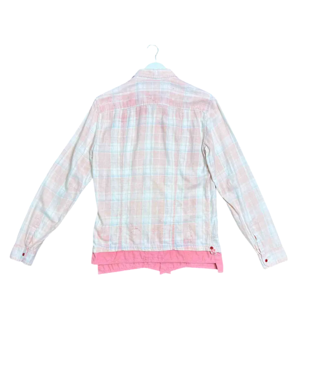 Size L | Marithe   François Girbaud Pink Plaid Splatter Faux Layers Shirt