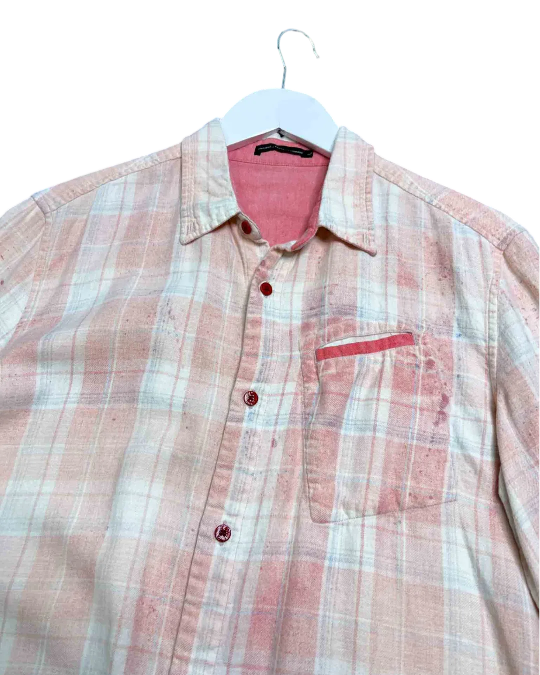 Size L | Marithe   François Girbaud Pink Plaid Splatter Faux Layers Shirt