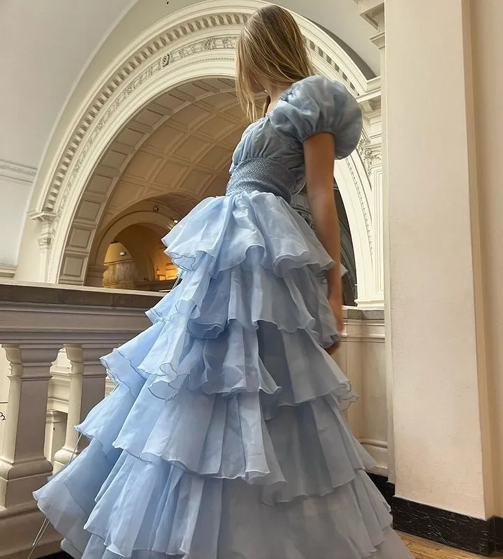 Sky Blue Tiered Skirt Prom Dress Puff Short Sleeves Formal Party Evening Gown   fg7259