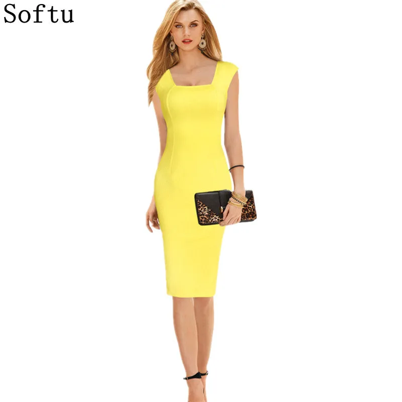 Softu Women Summer Style Dress Sexy Knee Length Short Sleeve Bodycon Slim Pencil Dresses Sheath Solid Office Dress