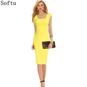 Softu Women Summer Style Dress Sexy Knee Length Short Sleeve Bodycon Slim Pencil Dresses Sheath Solid Office Dress