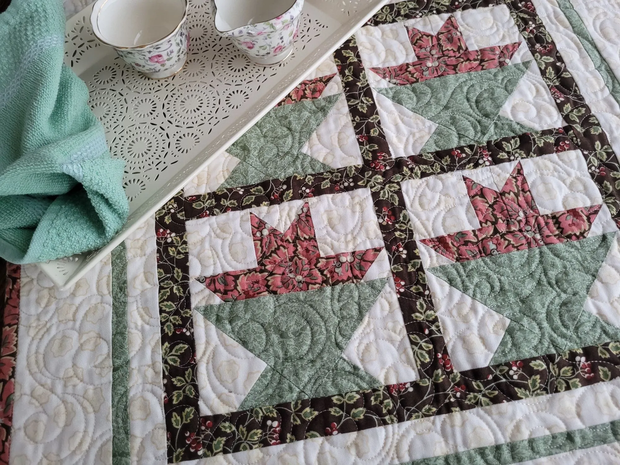 Spring Flower Basket Quilt, Square Quilted Table Topper, Wall Quilt