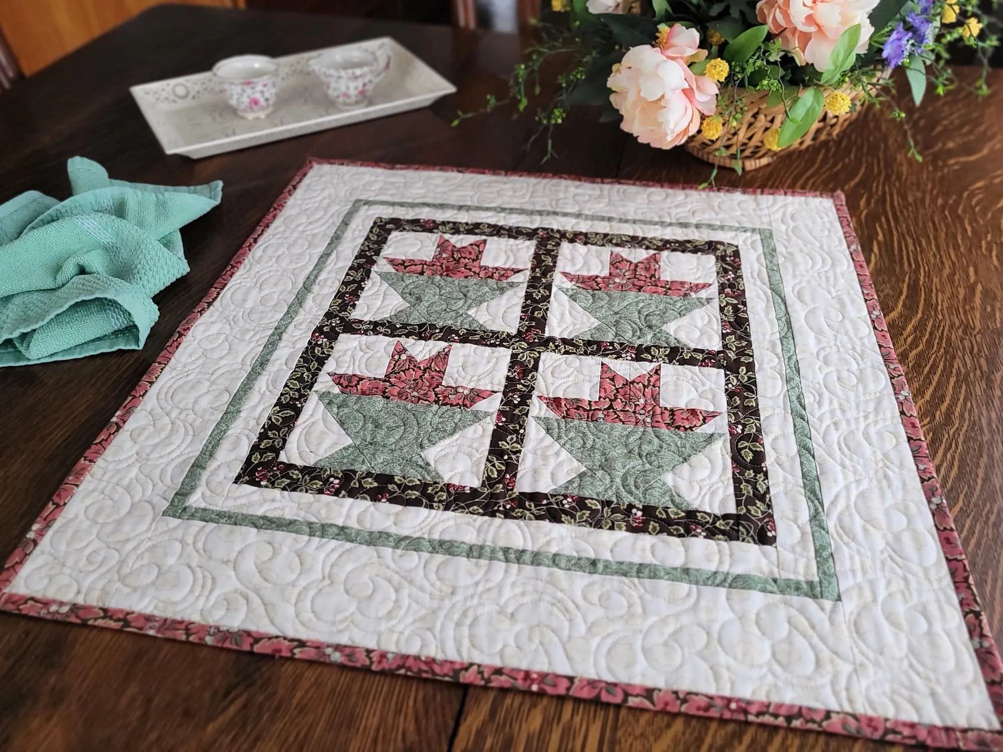 Spring Flower Basket Quilt, Square Quilted Table Topper, Wall Quilt