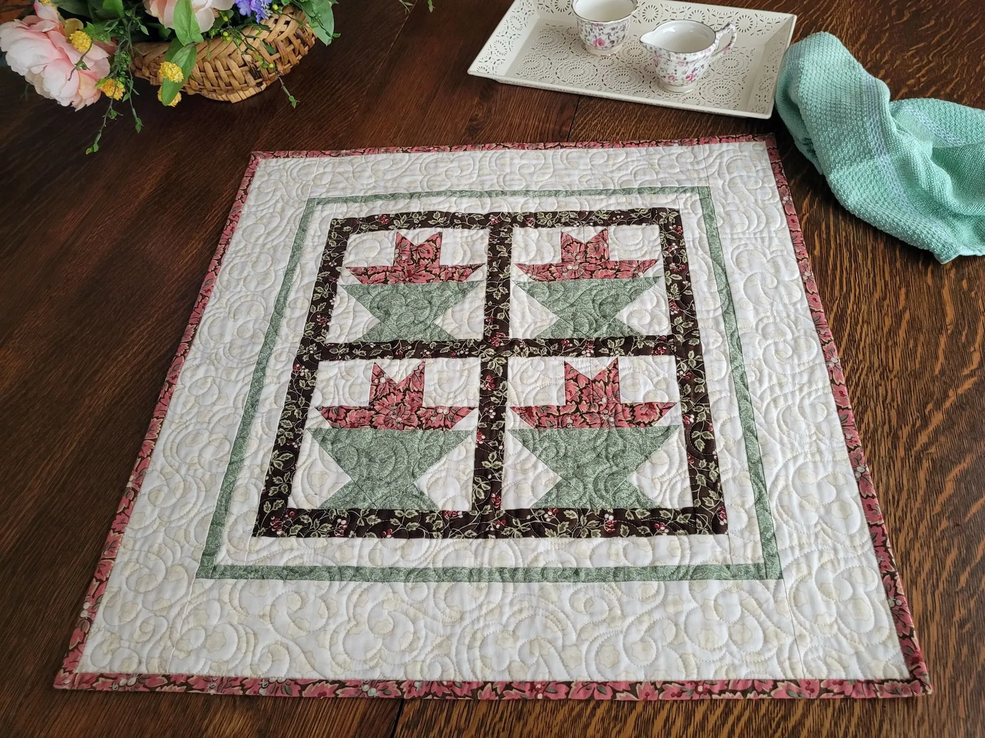 Spring Flower Basket Quilt, Square Quilted Table Topper, Wall Quilt