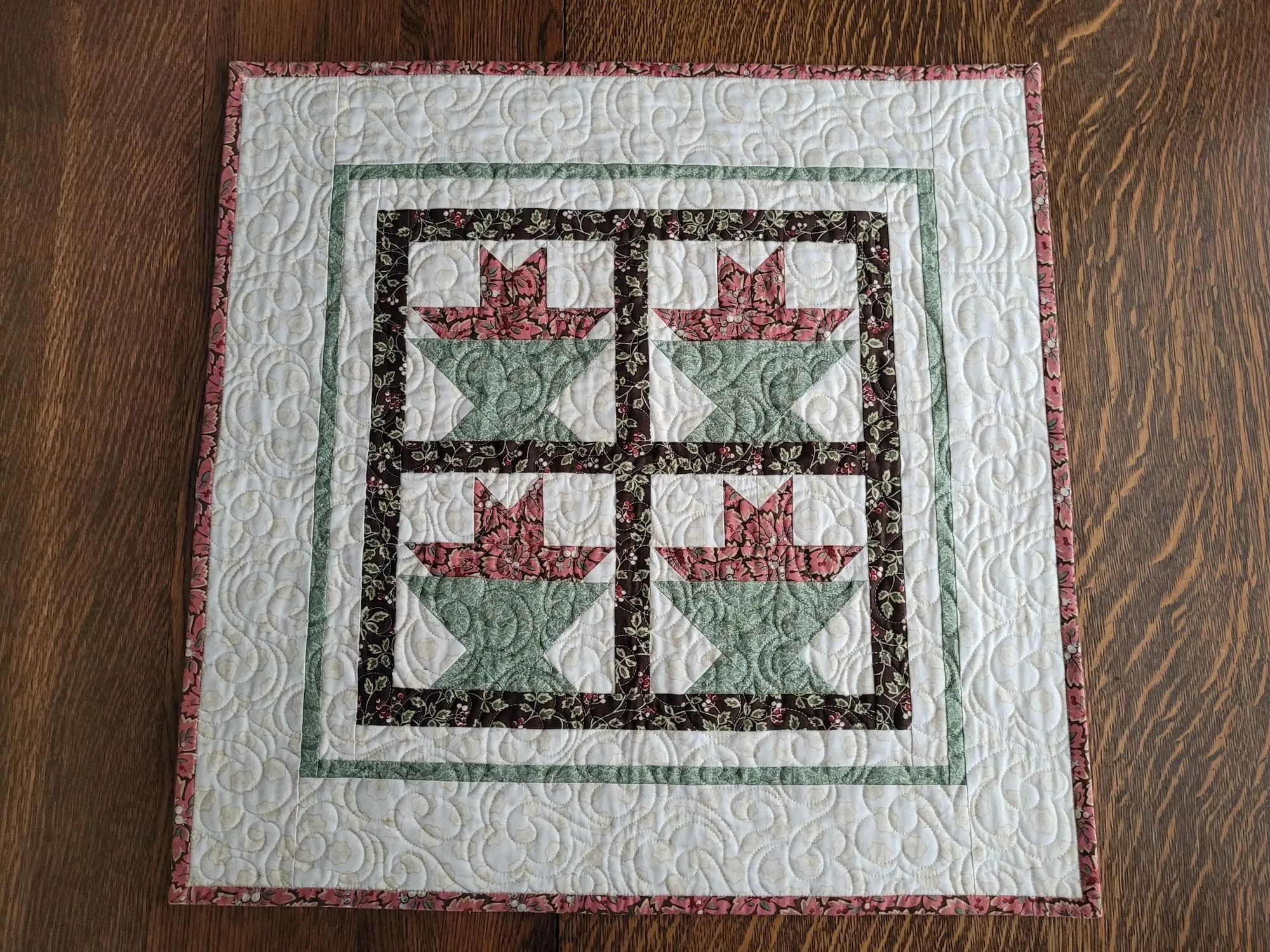 Spring Flower Basket Quilt, Square Quilted Table Topper, Wall Quilt