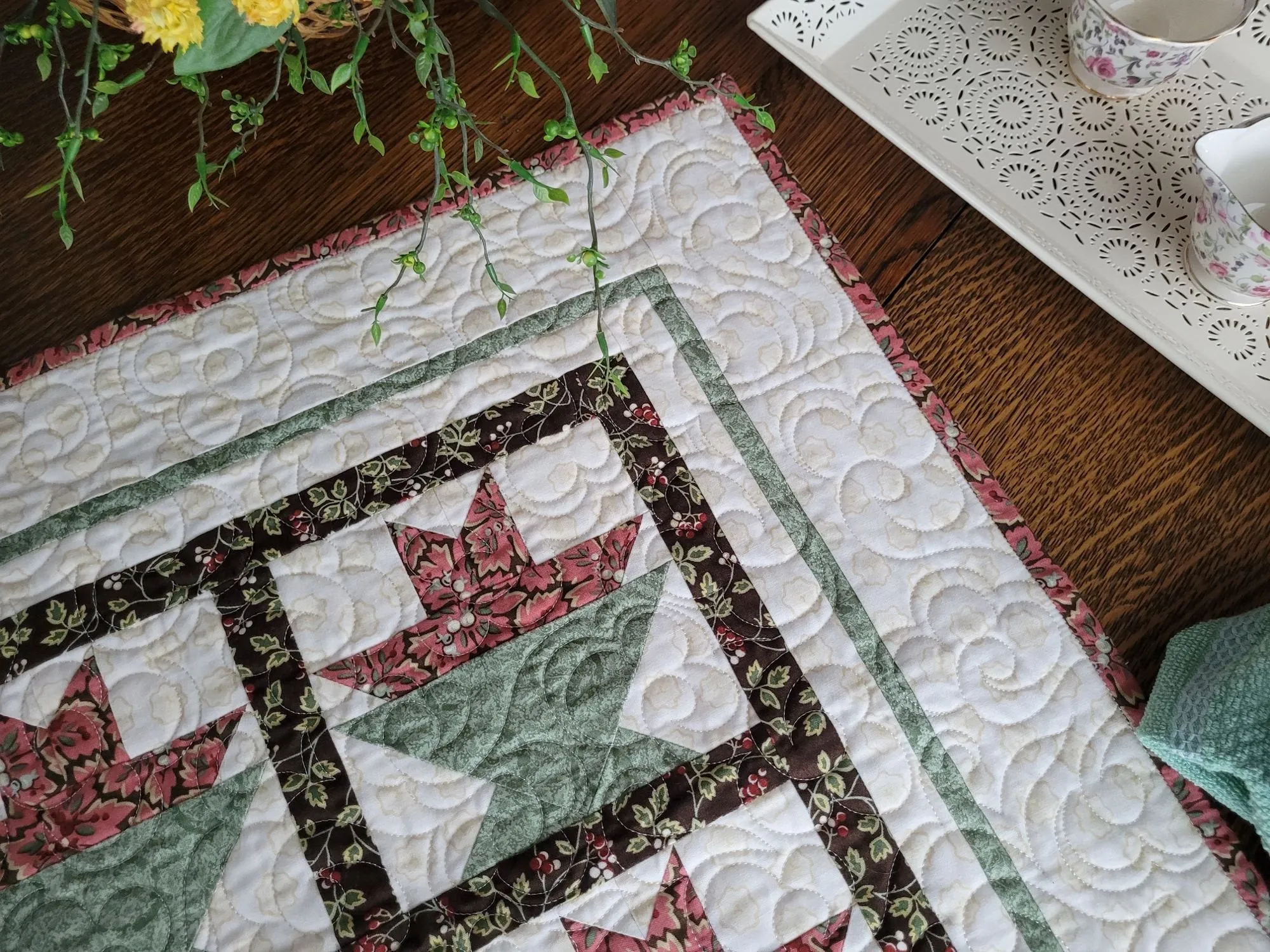 Spring Flower Basket Quilt, Square Quilted Table Topper, Wall Quilt