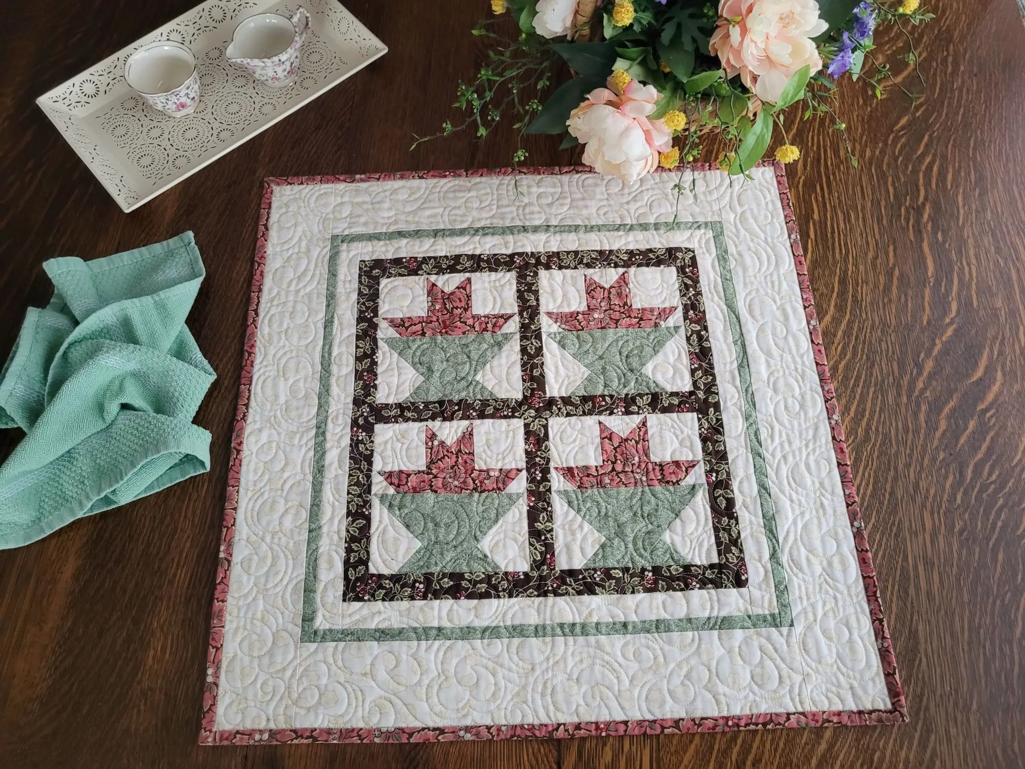 Spring Flower Basket Quilt, Square Quilted Table Topper, Wall Quilt