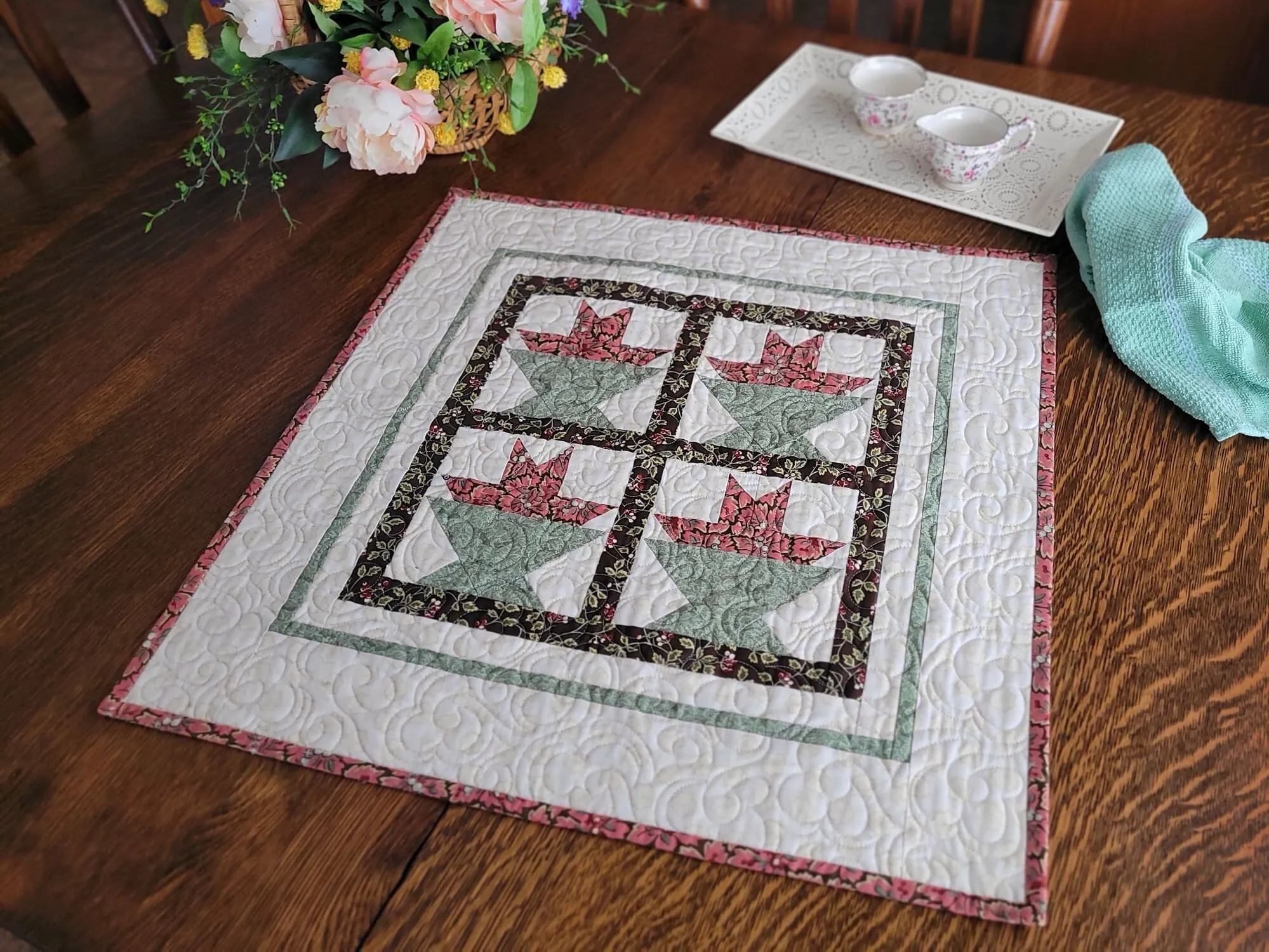 Spring Flower Basket Quilt, Square Quilted Table Topper, Wall Quilt