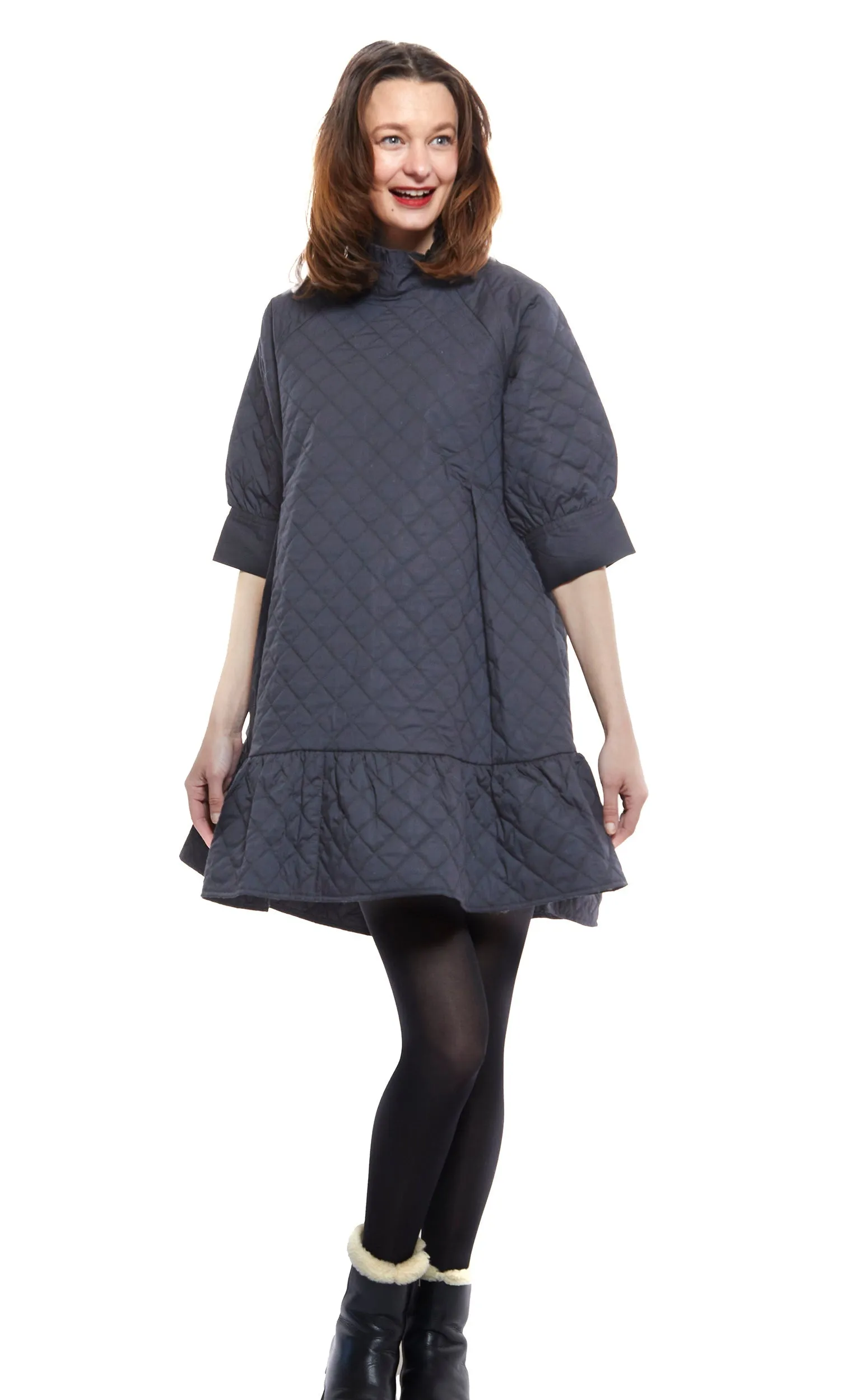 St. Tropez Softly Quilted Black Poplin Dress, Oversized Silhouette