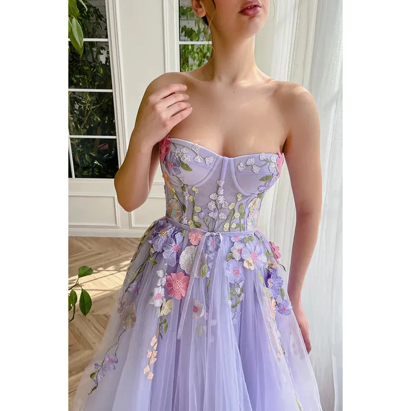 Strapless Floral Appliqued Tulle A-Line Long Prom Evening Dress