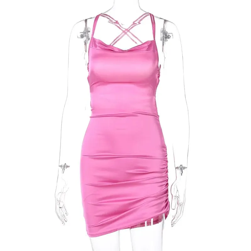 Sultry Elegance: Satin Mini Dress with Ruched Lace-Up Cross Bandage, Backless Bodycon