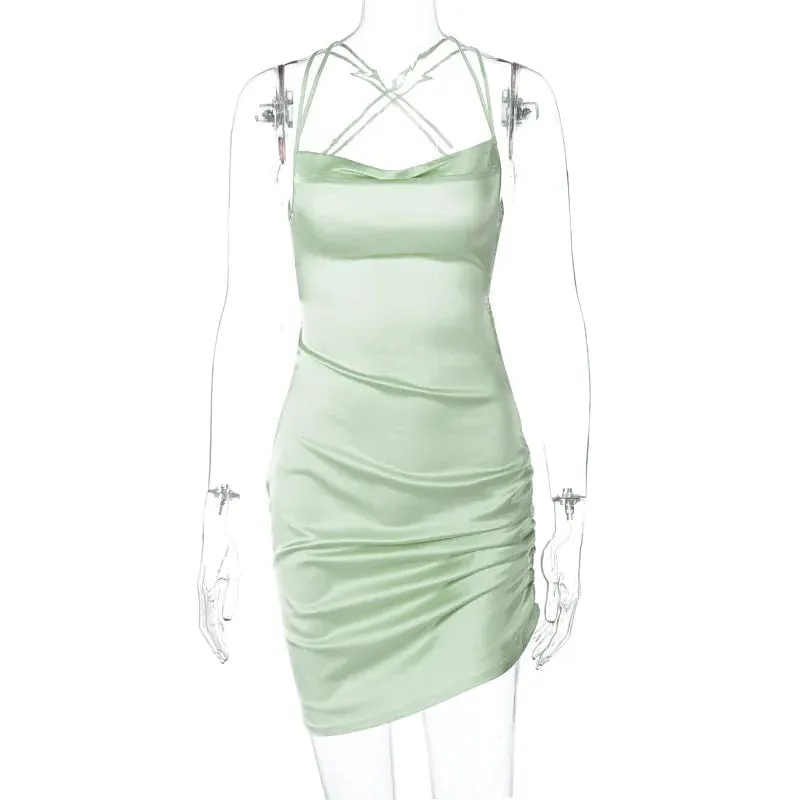 Sultry Elegance: Satin Mini Dress with Ruched Lace-Up Cross Bandage, Backless Bodycon